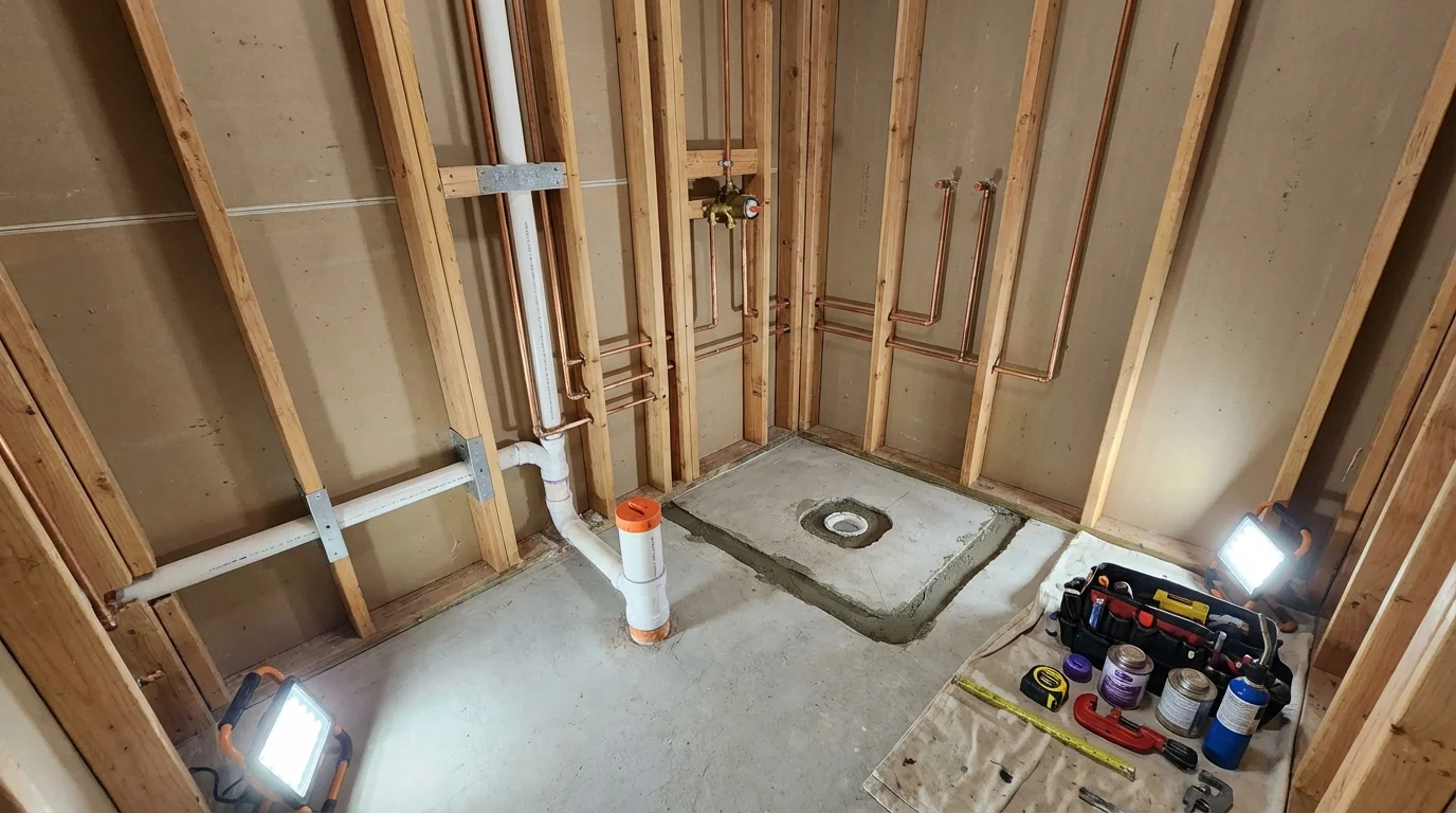 Bathroom rough-in plumbing during remodel by Johns Plumbing LLC in Lexington Park
