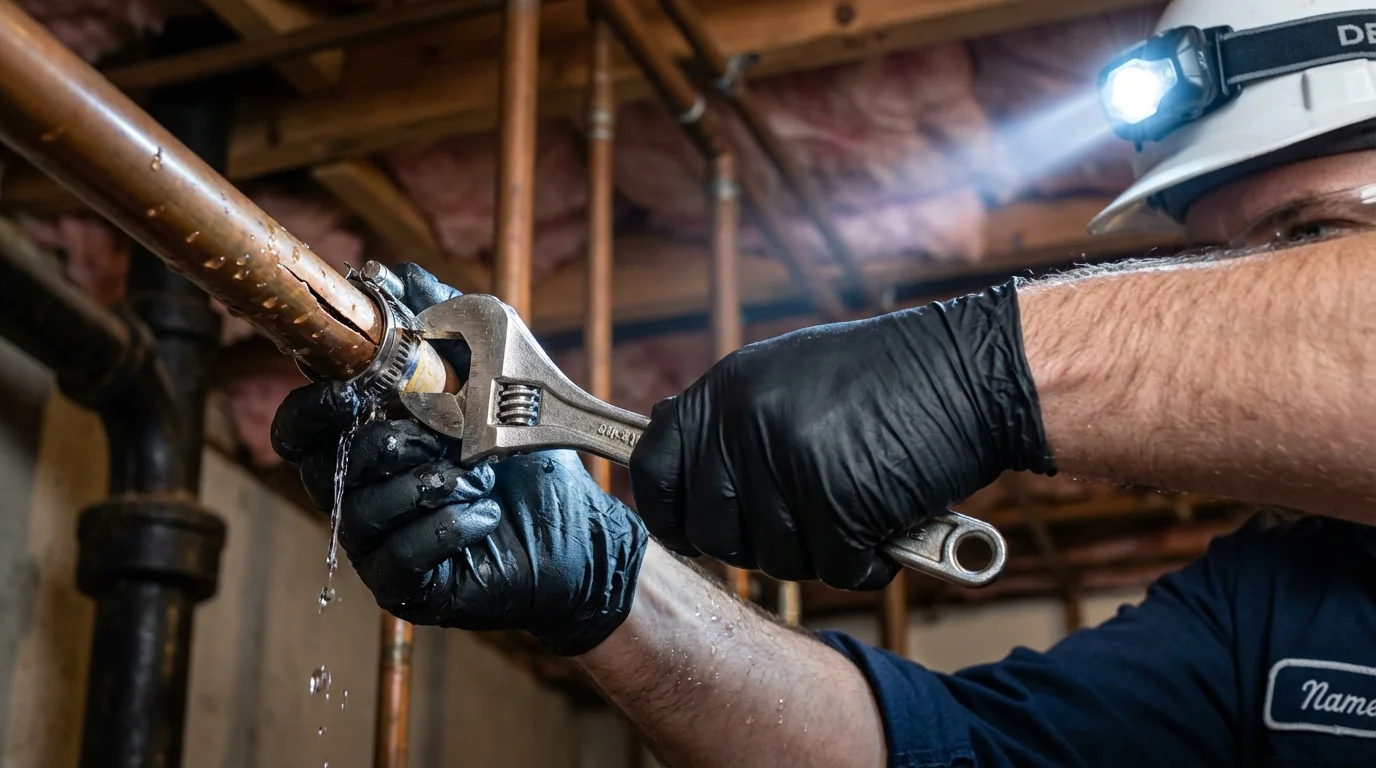 Emergency pipe clamp repair being performed by a Johns Plumbing LLC plumber in Lexington Park