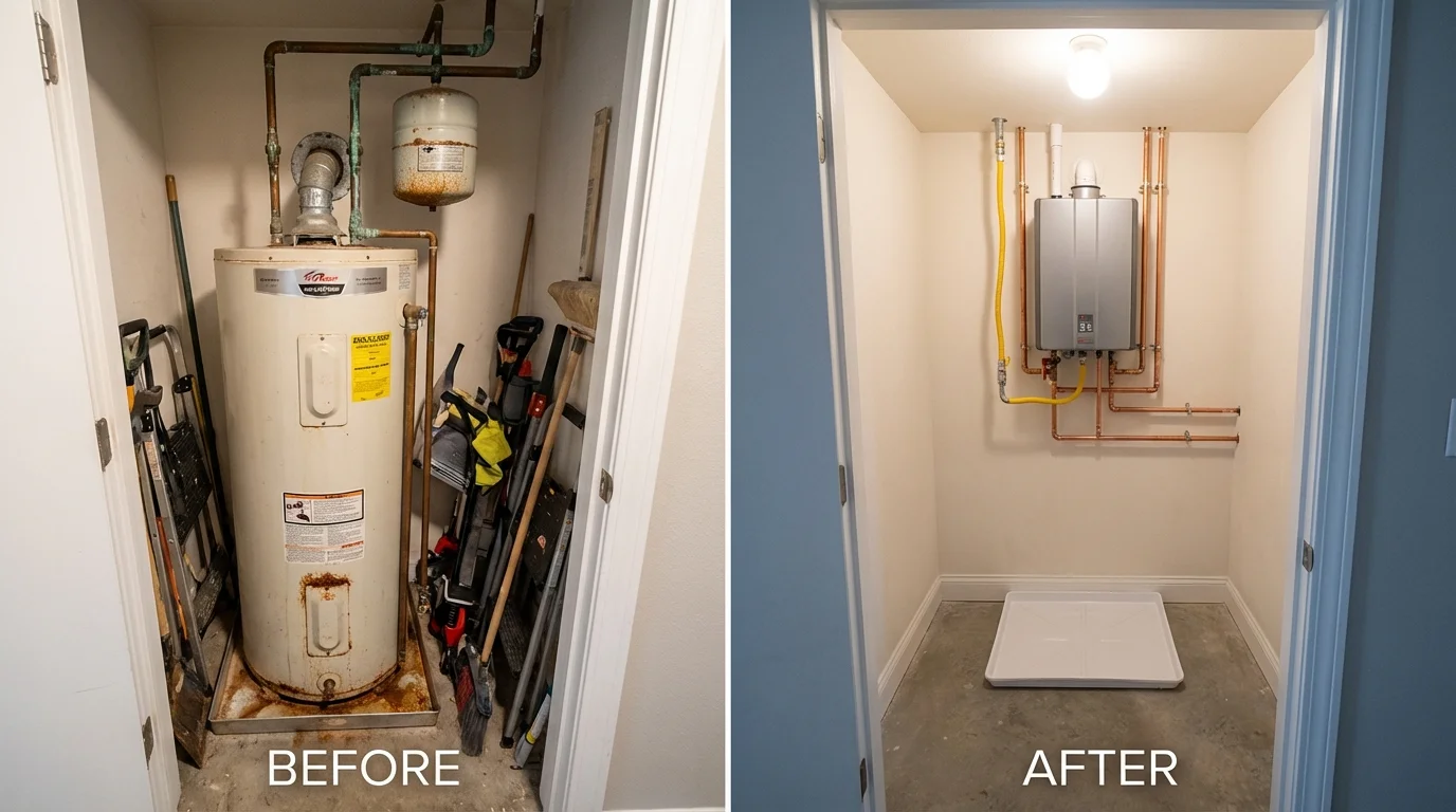 Tank water heater versus wall-mounted tankless unit comparison for Lexington Park, MD homeowners
