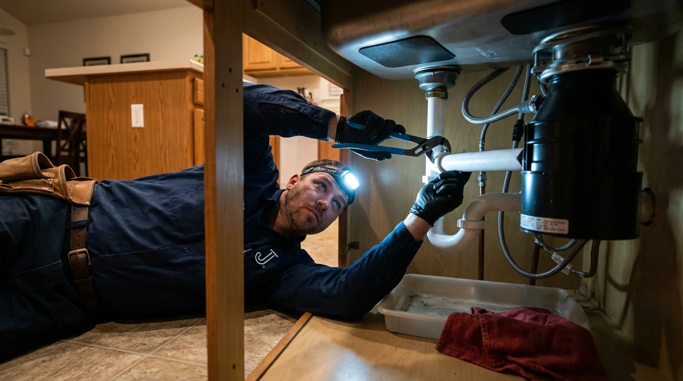 P-trap and supply line connections under a kitchen sink showing a common leak point in Lexington Park, MD